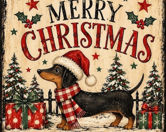 Dachshund Christmas Wall Sign | Rustic Vintage Style | Christmas Holiday Home Decor | Weiner dog decor | Dachshund Gift