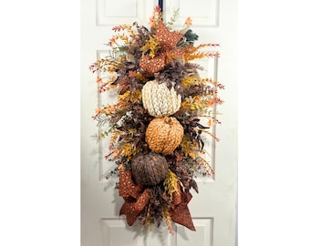 Pumpkin Door Swag | Rustic Modern Farmhouse | Autumn Front Door Decor | Woven Pumpkins and Leopard Ribbon | Harvest Decoration