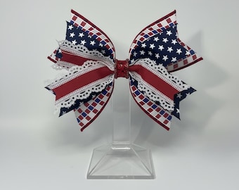 Handmade Patriotic Bow, Red White Blue Stars Lace, Americana Wreath Decor