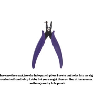 May include: Purple handled jewelry hole punch pliers with a black metal head. The pliers are used to punch 8mm holes in materials like leather or paper.