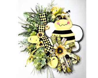 Summer yellow and black bee hive decoration, spring bee wreath for front door, bee home decoration, bee keeper gift