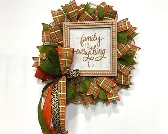 Fall  Wreath for Front Door |  Autumn Mesh Wreath with Plaid Ribbon | Rustic Fall Porch Decor
