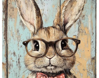 Rustic Hipster Bunny Easter Sign – Funny Rabbit Metal Wall Decor with Glasses and Bow Tie, Farmhouse Spring Aluminum Door Sign