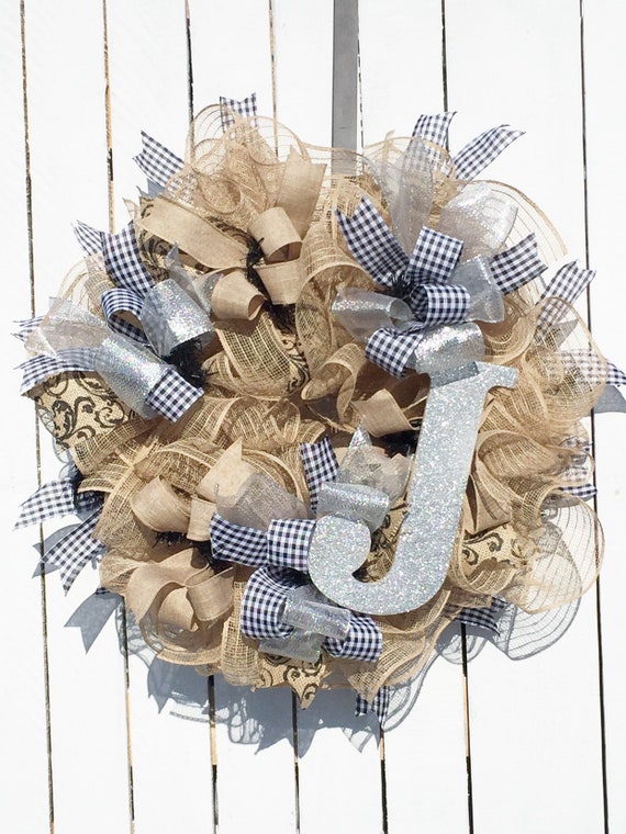 Burlap Wreath With Initial Burlap Wreath For Front Door Burlap Wreath Monogram Burlap Wreathes Farmhouse Wreath Front Door Farmhouse