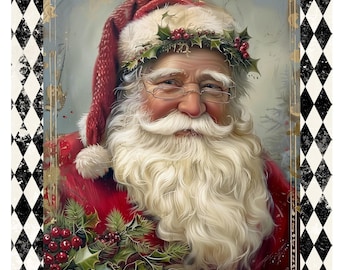 Vintage Santa Christmas Sign, Rustic Holiday Wall Decor, Farmhouse Santa Art, Retro Kris Kringle