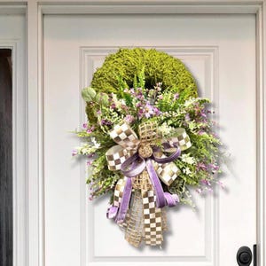 Floral Moss Wreath with Purple Flowers: Farmhouse Burlap Bow