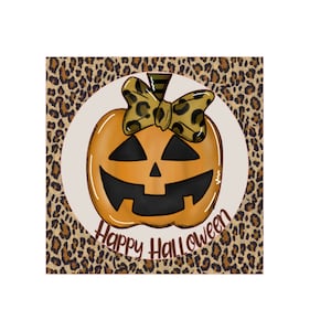 Cartel de corona de feliz Halloween, cartel de Jack O Lantern con estampado de leopardo