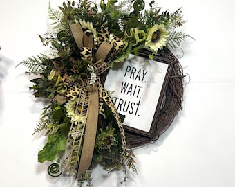 Sunflower Grapevine Door Wreath | Rustic Farmhouse Style | Everyday Decor | Leopard Print Bow | Faith Based Sign