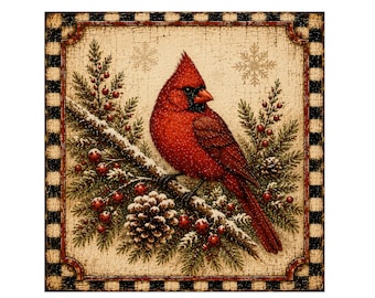 May include: A square wall art piece featuring a vibrant red cardinal perched on a snow-dusted pine branch with red berries and a pinecone. The background has a cream-colored crackled texture with snowflake accents and a black and white checkered border.