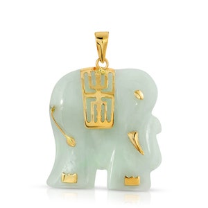 14K Yellow Gold Carved Jade Elephant Pendant: Good Luck Charm