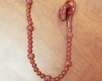 Vintage Carved Red Jade Necklace Dragon Toggle Clasp