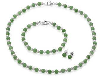 Natural Jade Jewelry Set: Sterling Silver Necklace, Bracelet & Earrings