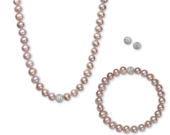 Millennial Pink Pearl Jewelry Set: Sterling Silver Necklace, Bracelet & Earrings