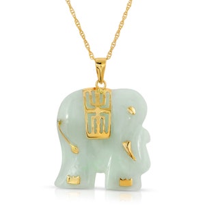 14K Yellow Gold Carved Jade Elephant Pendant: Good Luck Charm