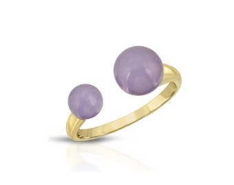 Anillo ajustable de doble perla de jade genuino en oro plateado .925 plata de ley (jade de lavanda)