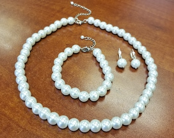Pearl Set, Pearl Necklace, Pearl Bracelet, Pearl Earrings,Glass Pearl,Bridesmaid Gifts,Jewelry Wedding Set,Gift For Her Free Shipping In USA