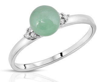 14K White Gold Ring with 6mm Jade and White Diamond Accent