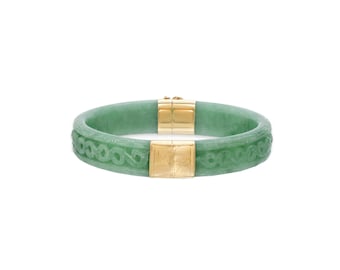 Vintage Chinese Solid 14 kt Gold Hand Engraved Hand Carved Green Jade Bangle Bracelet
