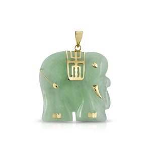 14K Yellow Gold Carved Jade Elephant Pendant: Good Luck Charm