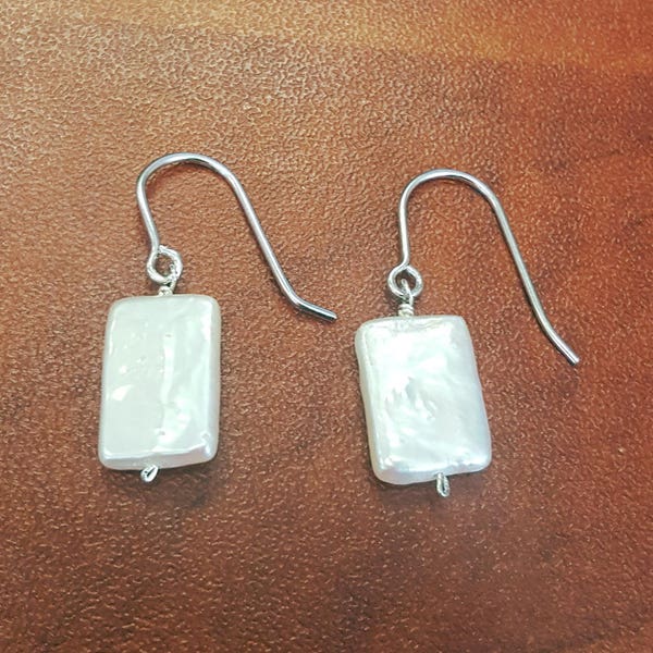 Beautiful and Lustrous Rectangular Shape Genuine Freshwater Pearl Earrings