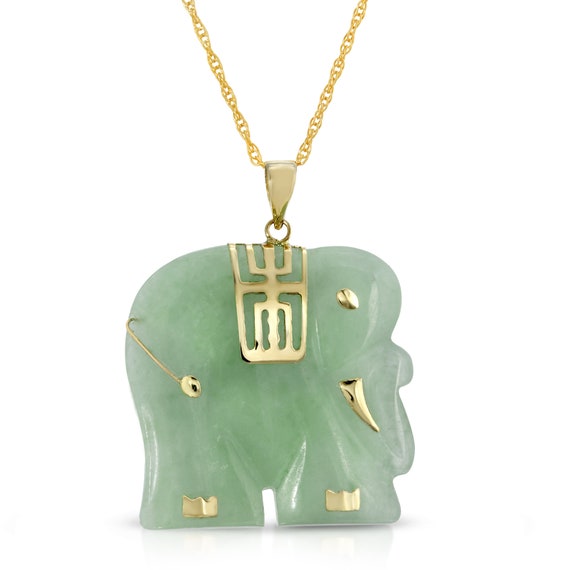 Green Genuine Jade 14k Gold Lucky Elephant Charm Pendant 