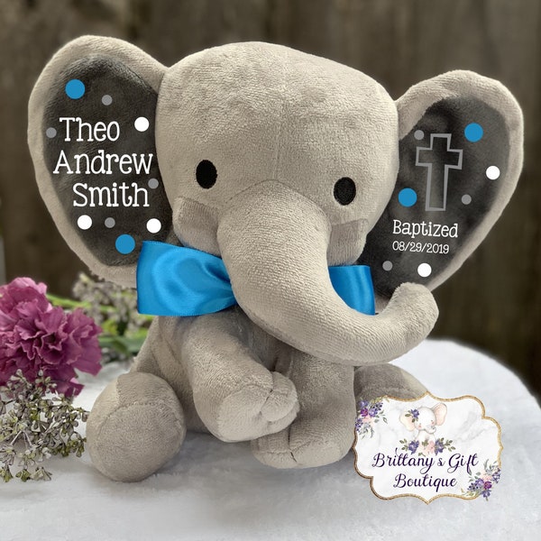 Baptism gift, boy baptism gift, baptism keepsake, boy keepsake, stuffed animal, personalized stuffed elephant, baby gift, dedication gift