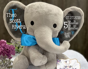 Birth announcement, stuffed animal, new baby gift , elephant, newborn present, newborn gift, baby shower, baby gift, baby present, baby boy