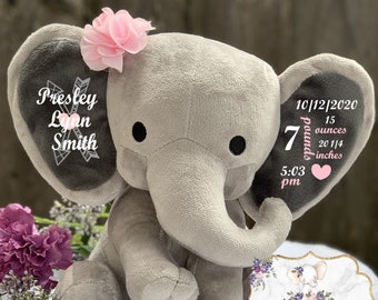 Birth Announcement, Stuffed Animal, Memory Bear, Elephant, Newborn Present, Newborn Gift, Baby Shower, Baby Gift, Baby Present, Baby Girl