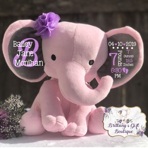 Birth announcement, birth stats, new baby girl gift, elephant keepsake, newborn girl keepsake, newborn gift, girl baby shower, baby keepsake