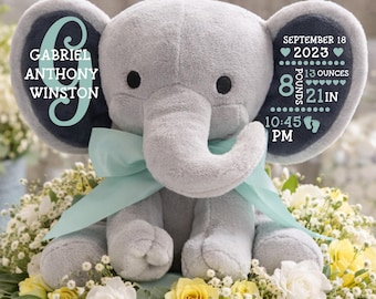 Birth announcement, birth stats, new baby gift , elephant, newborn present, newborn gift, baby shower, baby gift, baby keepsake