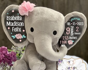 Birth Announcement, Stuffed Animal, Memory Bear, Elephant, Newborn Present, Newborn Gift, Baby Shower, Baby Gift, Baby Present, Baby Girl