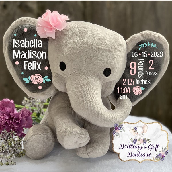 Birth Announcement, Stuffed Animal, Memory Bear, Elephant, Newborn Present, Newborn Gift, Baby Shower, Baby Gift, Baby Present, Baby Girl