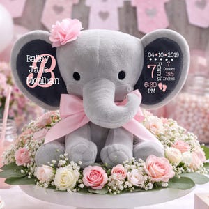 Birth Announcement, Stuffed Animal, Memory Bear, Elephant, Newborn Present, Newborn Gift, Baby Shower, Baby Gift, Baby Present, Baby Girl