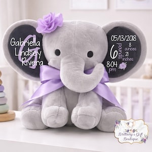 Birth Announcement, Stuffed Animal, Memory Bear, Elephant, Newborn Present, Newborn Gift, Baby Shower, Baby Gift, Baby Present, Baby Girl