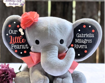 May include: A gray plush elephant toy with a pink bow and a pink flower on its head. The elephant's ears are black with white polka dots and the text "Our Little Peanut" on one ear and "Gabriella Milagros Rivera" on the other ear.