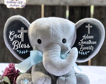 Baptism gift, boy baptism gift, baptism keepsake, boy keepsake, stuffed animal, personalized stuffed elephant, baby gift, dedication gift