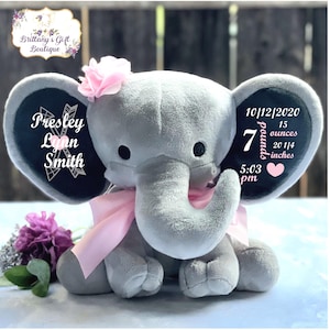 Birth Announcement, Stuffed Animal, Memory Bear, Elephant, Newborn Present, Newborn Gift, Baby Shower, Baby Gift, Baby Present, Baby Girl