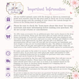 May include: A white informational graphic for Brittany's Gift Boutique featuring purple icons including a gift, pencil, bow, clock, truck, envelope, and headset. The text outlines policies regarding custom designs, processing times, and shipping.