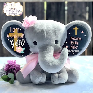 Baptism gift, girl baptism gift, baptism keepsake, girl keepsake, stuffed animal, personalized stuffed elephant, baby gift, dedication gift
