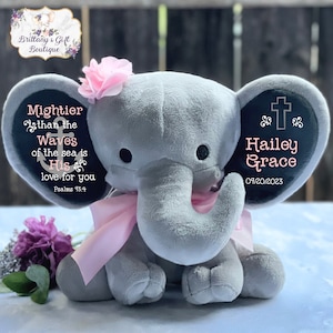 Baptism gift, girl baptism gift, baptism keepsake, girl keepsake, stuffed animal, personalized stuffed elephant, baby gift, dedication gift