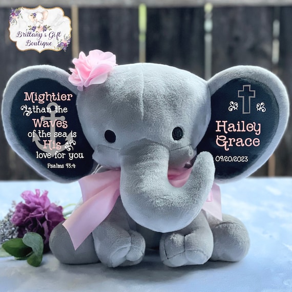 Baptism gift, girl baptism gift, baptism keepsake, girl keepsake, stuffed animal, personalized stuffed elephant, baby gift, dedication gift