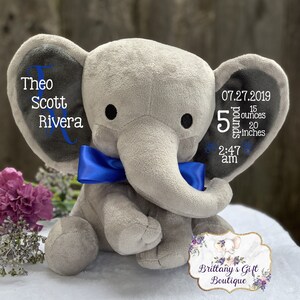 May include: A gray plush elephant with a blue bow tie. The elephant's ears display the name "Theo Scott Rivera" and birth details: 5 pounds, 15 ounces, 20 inches, and the time and date of birth.