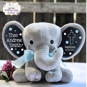 Personalized Baptism Elephant Gift: Gray Stuffed Animal Keepsake