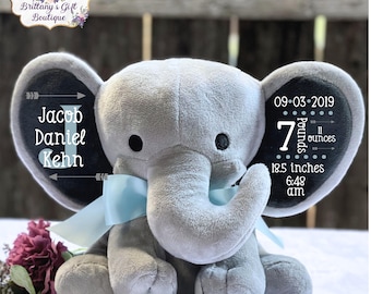 Birth announcement, stuffed animal, new baby gift , elephant, newborn present, newborn gift, baby shower, baby gift, baby present, baby boy
