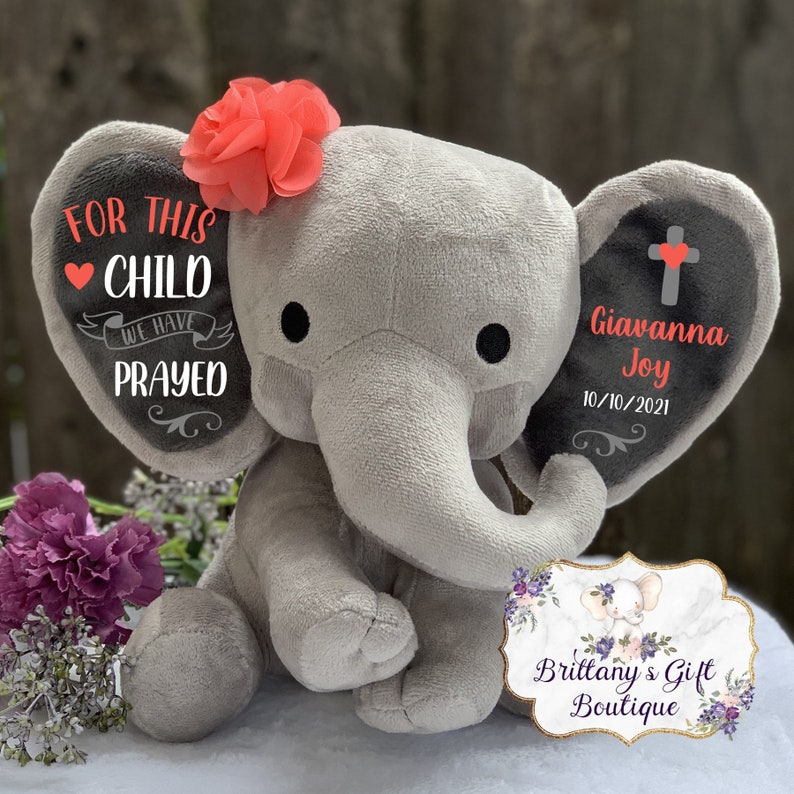 Personalized Baptism gift, girl baptism gift, baptism keepsake, girl keepsake, stuffed elephant, stuffed elephant, dedication gift image 3