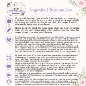 May include: A white informational graphic for Brittany's Gift Boutique featuring purple icons including a gift, pencil, bow, clock, truck, envelope, and headset. The text outlines policies regarding custom designs, processing times, and shipping.