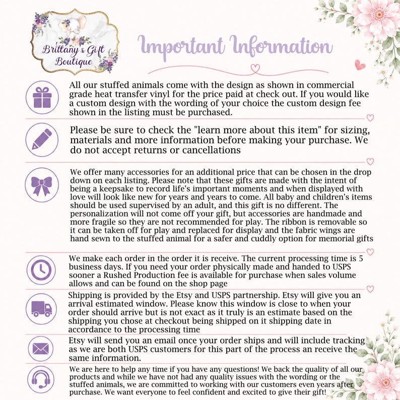 May include: A white informational graphic for Brittany's Gift Boutique featuring purple icons including a gift, pencil, bow, clock, truck, envelope, and headset. The text outlines policies regarding custom designs, processing times, and shipping.