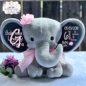 Birth Announcement, Stuffed Animal, Memory Bear, Elephant, Newborn Present, Newborn Gift, Baby Shower, Baby Gift, Baby Present, Baby Girl