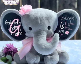 Birth Announcement, Stuffed Animal, Memory Bear, Elephant, Newborn Present, Newborn Gift, Baby Shower, Baby Gift, Baby Present, Baby Girl