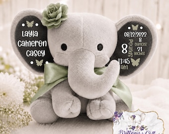 Birth announcement, birth stats, new baby gift , elephant, newborn present, newborn gift, baby shower, baby gift, baby keepsake